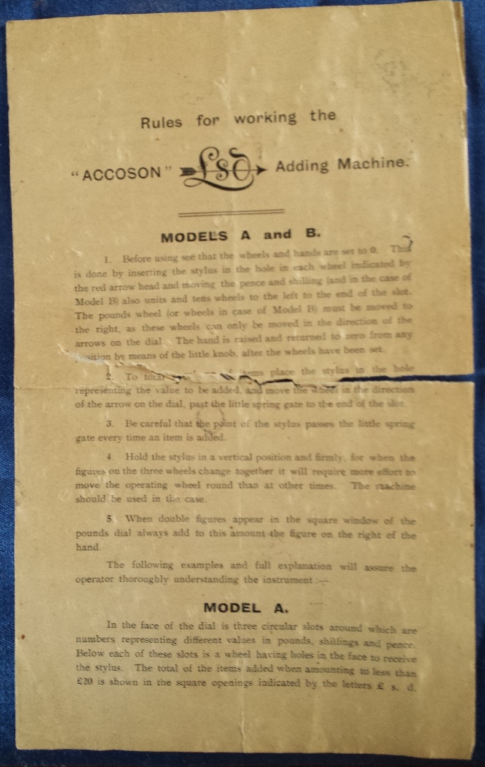 Accoson Adding Machine Instruction Sheet (source Karl Hyde)